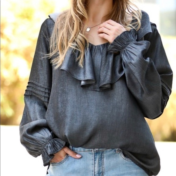 Washed Out Black Top w/Ruffles - Picture 2 of 5